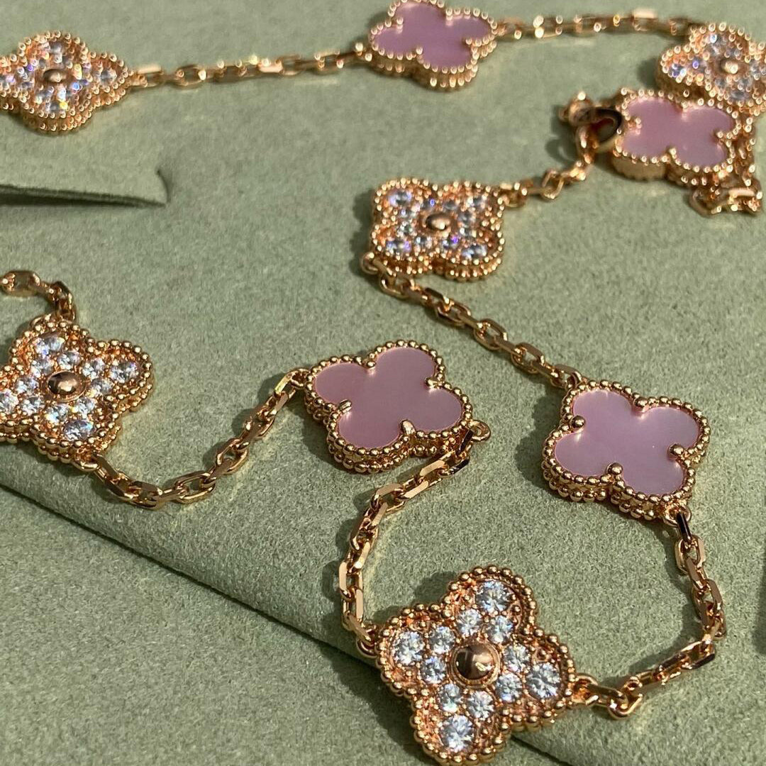 [Gaonasi]CLOVER 10 MOTIFS DIAMOND PINK MOP NECKLACE