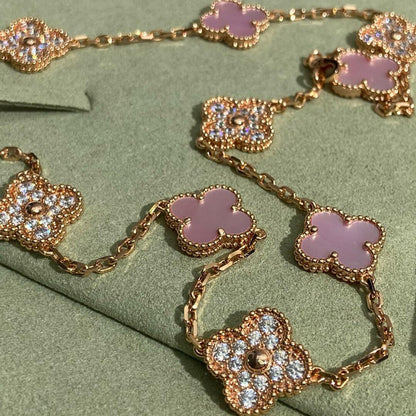 [Gaonasi]CLOVER 10 MOTIFS DIAMOND PINK MOP NECKLACE