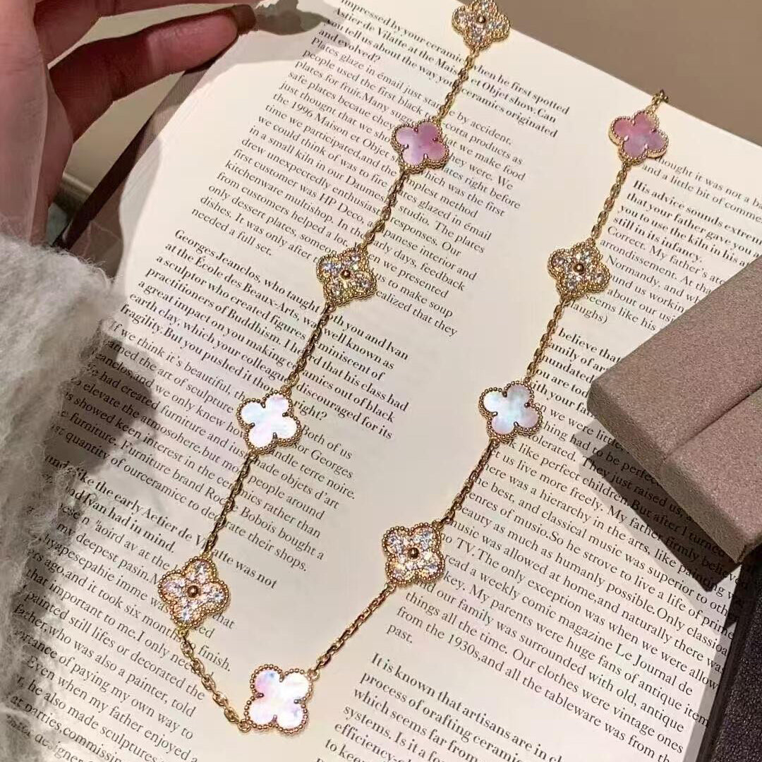 [Gaonasi]CLOVER 20 MOTIFS DIAMOND PINK MOP NECKLACE
