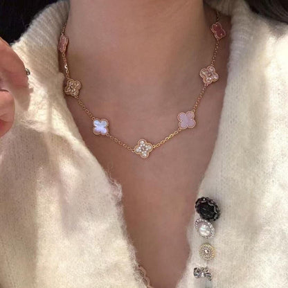 [Gaonasi]CLOVER 10 MOTIFS DIAMOND PINK MOP NECKLACE