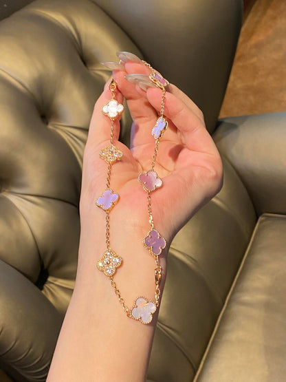[Gaonasi]CLOVER 10 MOTIFS DIAMOND PINK MOP NECKLACE