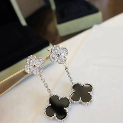 [Gaonasi]CLOVER 2 MOTIFS  DIAMOND ONYX EARRINGS SILVER