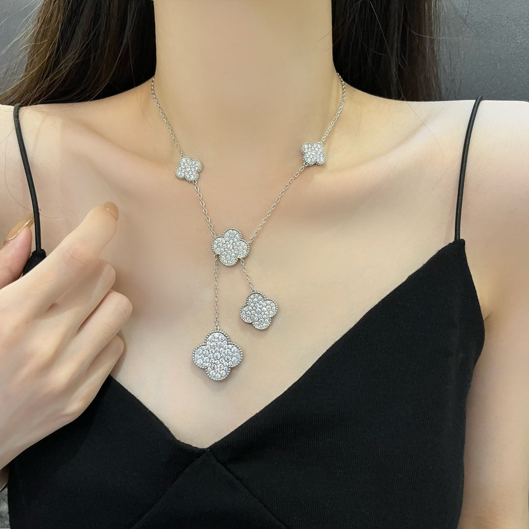 [Gaonasi]CLOVER 5 MOTIFS SILVER DIAMONDS NECKLACE