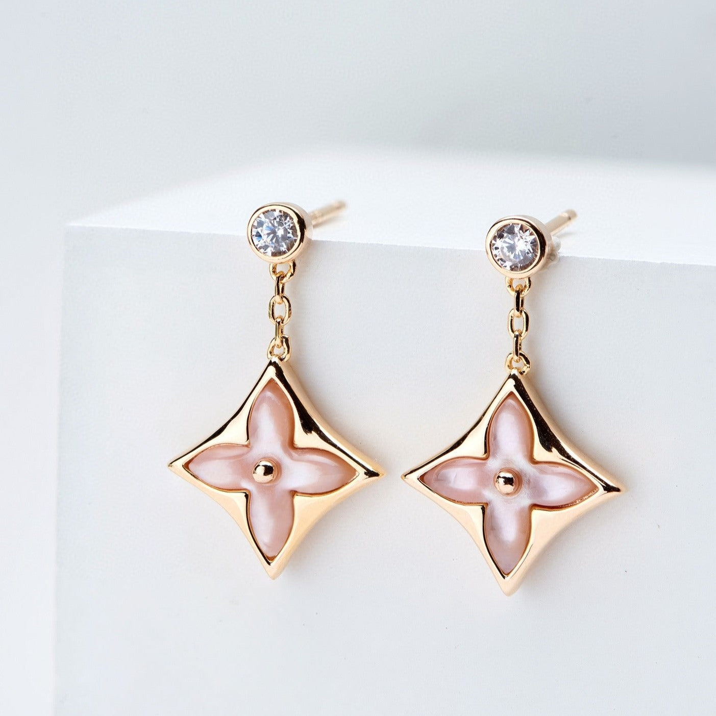 [Gaonasi]DOUBLE STAR PINK GOLD MOP DROP EARRINGS