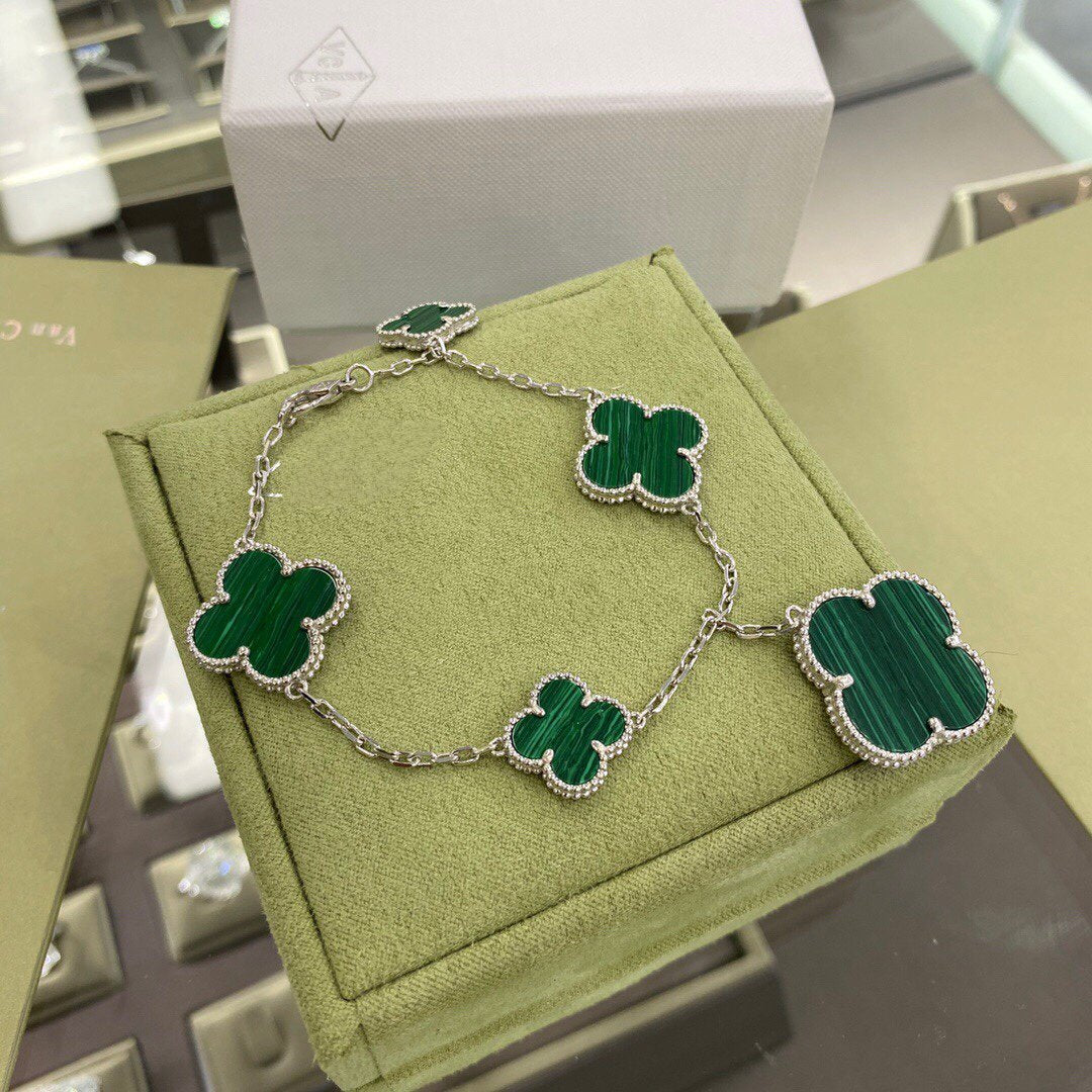 [Gaonasi]CLOVER 5 MOTIFS SIVLER MALACHITE BRACELET