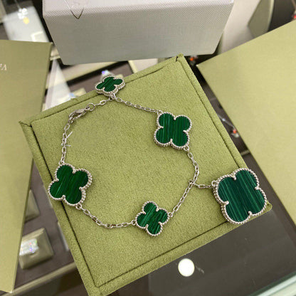 [Gaonasi]CLOVER 5 MOTIFS SIVLER MALACHITE BRACELET
