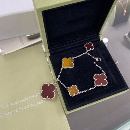 [Gaonasi]CLOVER 5 MOTIFS SIVLER CARNELIAN TIGER EYE BRACELET