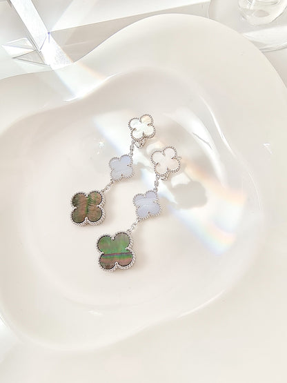 [Gaonasi]CLOVER 3 MOTIFS CHALCEDONY DARK MOP SILVER EARRINGS