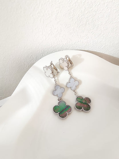 [Gaonasi]CLOVER 3 MOTIFS CHALCEDONY DARK MOP SILVER EARRINGS
