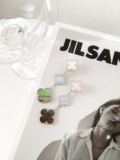 [Gaonasi]CLOVER 3 MOTIFS CHALCEDONY DARK MOP SILVER EARRINGS