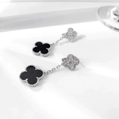[Gaonasi]CLOVER 2 MOTIFS  DIAMOND ONYX EARRINGS SILVER