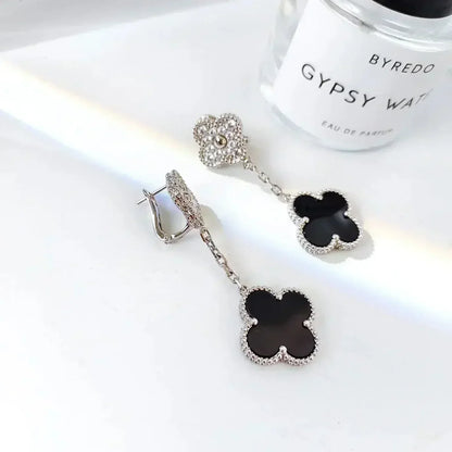 [Gaonasi]CLOVER 2 MOTIFS  DIAMOND ONYX EARRINGS SILVER