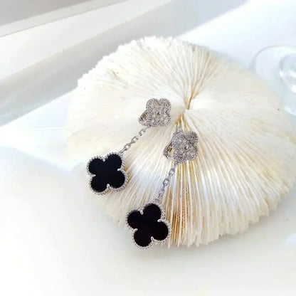 [Gaonasi]CLOVER 2 MOTIFS  DIAMOND ONYX EARRINGS SILVER