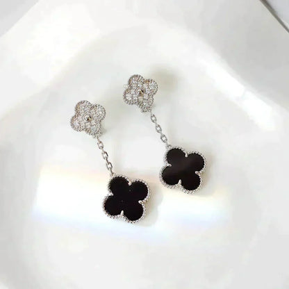 [Gaonasi]CLOVER 2 MOTIFS  DIAMOND ONYX EARRINGS SILVER