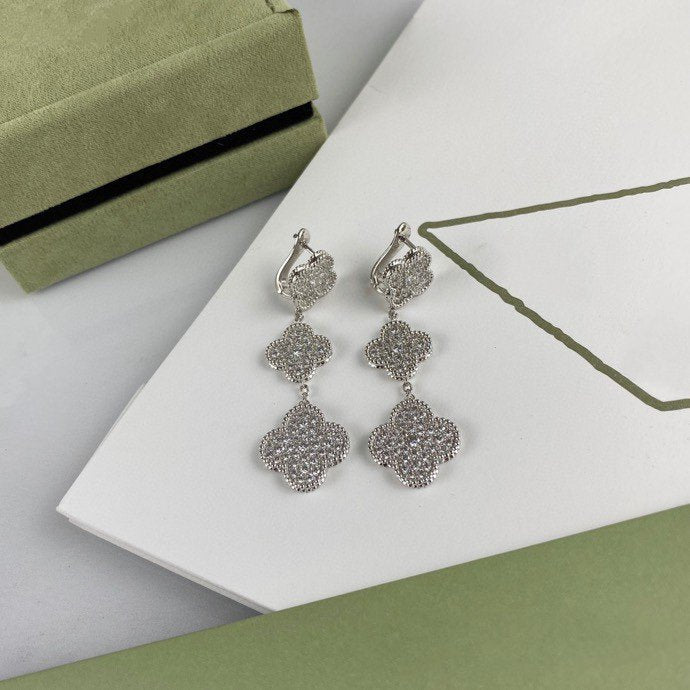 [Gaonasi]CLOVER 3 MOTIF DIAMOND SILVER DROP EARRINGS