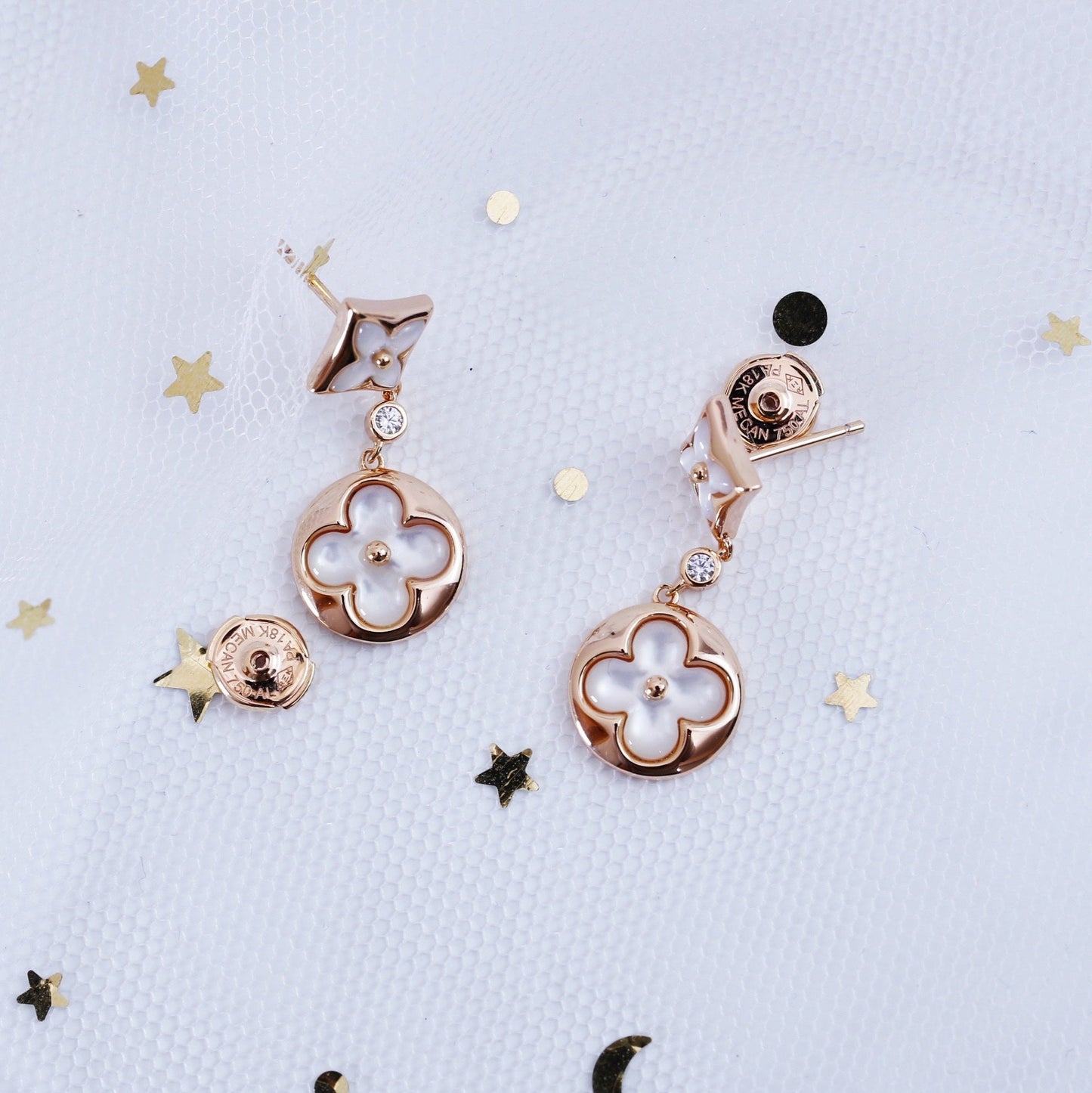 [Gaonasi]STAR AND SUN PINK GOLD MOP DROP EARRINGS