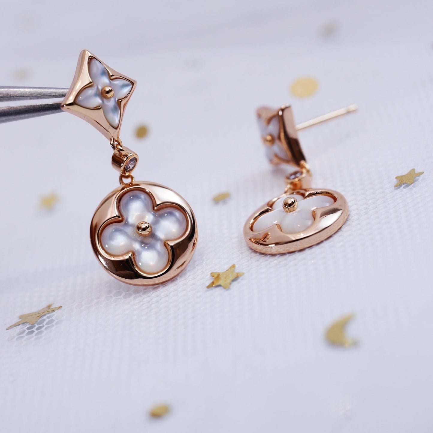 [Gaonasi]STAR AND SUN PINK GOLD MOP DROP EARRINGS