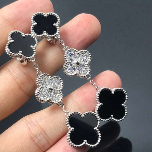 [Gaonasi]CLOVER 3 MOTIF DIAMOND ONYX SILVER EARRINGS