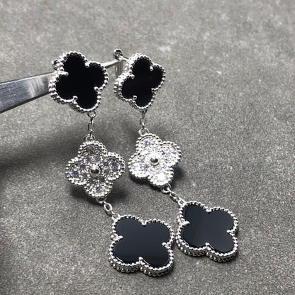 [Gaonasi]CLOVER 3 MOTIF DIAMOND ONYX SILVER EARRINGS