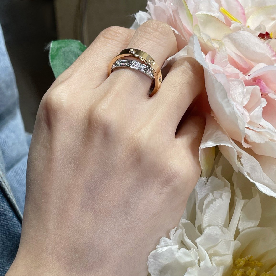 [Gaonasi Jewelry]LOVE PINK GOLD SILVER DIAMOND DOUBLE RING