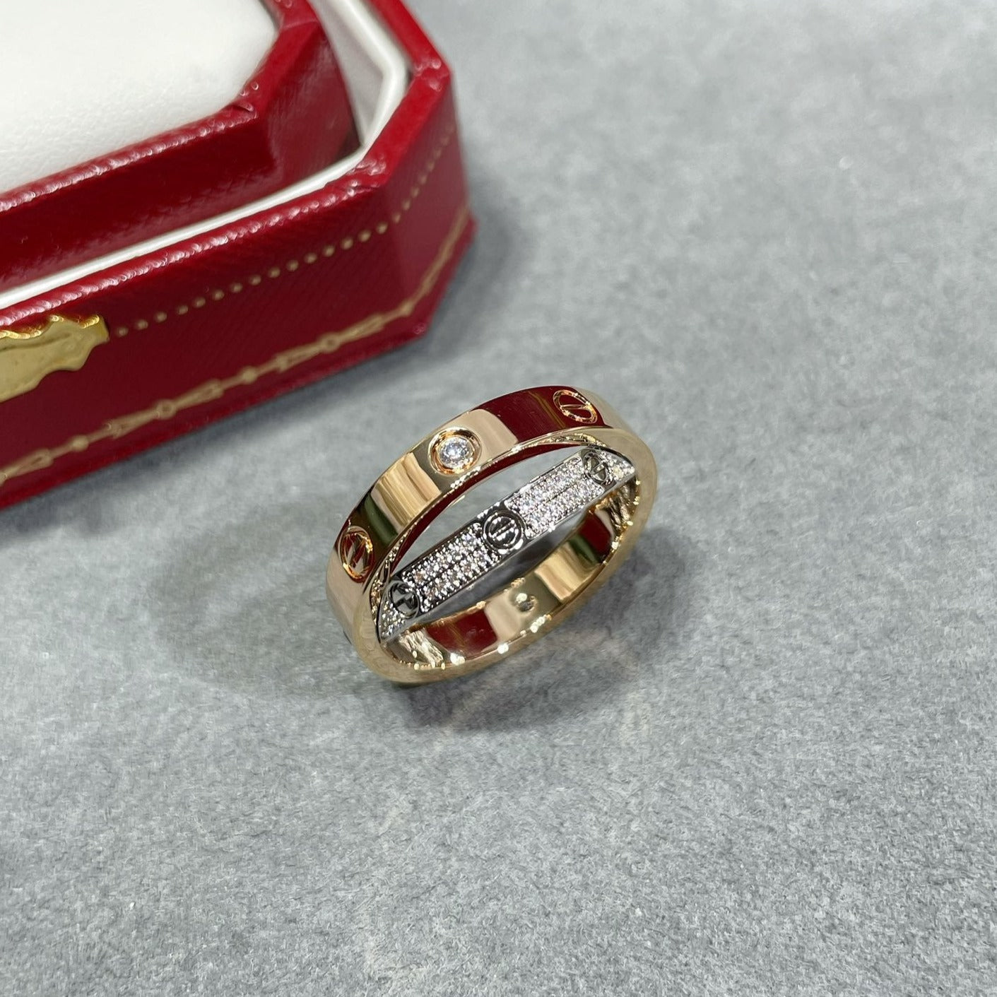 [Gaonasi Jewelry]LOVE PINK GOLD SILVER DIAMOND DOUBLE RING