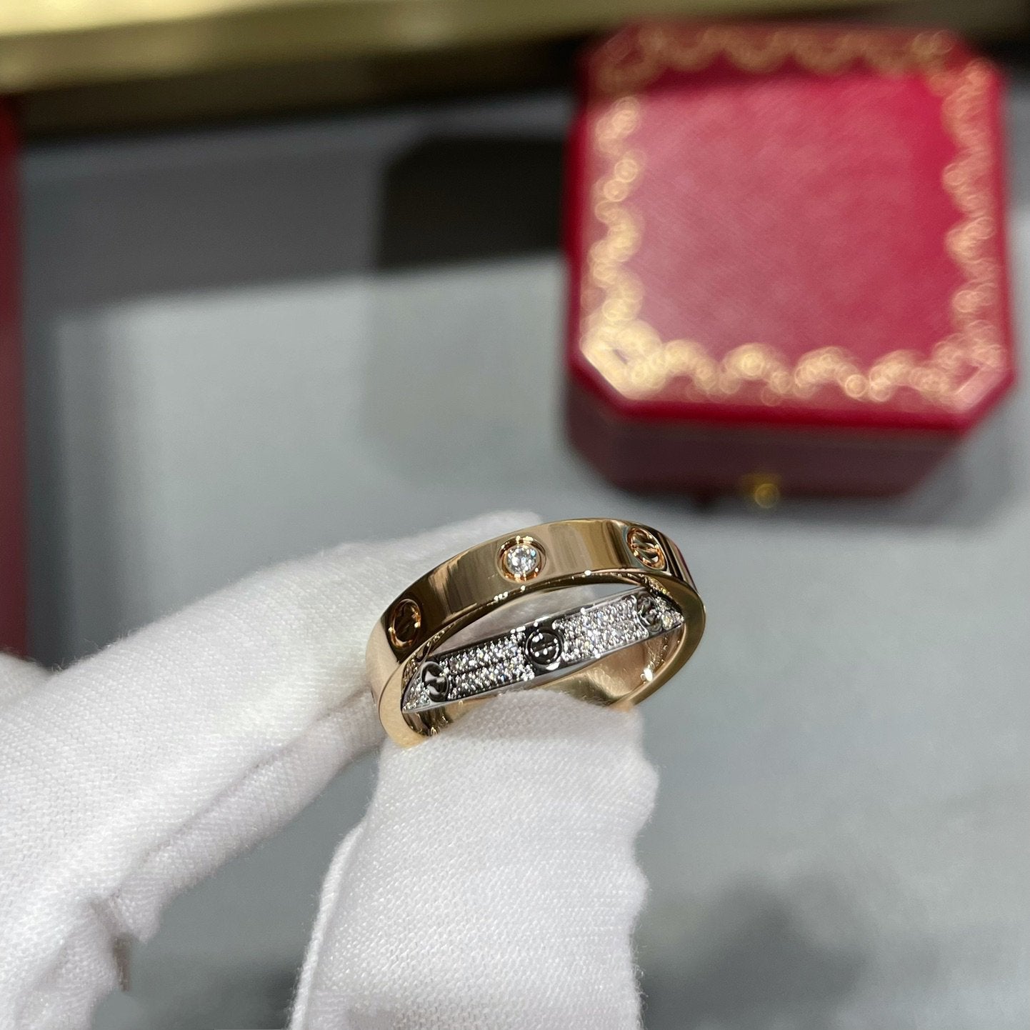 [Gaonasi Jewelry]LOVE PINK GOLD SILVER DIAMOND DOUBLE RING
