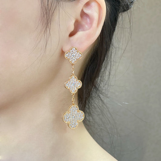 [Gaonasi]CLOVER 3 MOTIFS DIAMOND PAVED ROSE GOLD EARRINGS