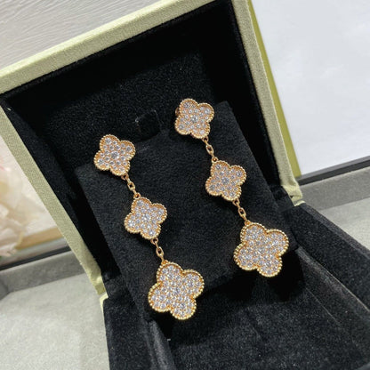 [Gaonasi]CLOVER 3 MOTIFS DIAMOND PAVED ROSE GOLD EARRINGS