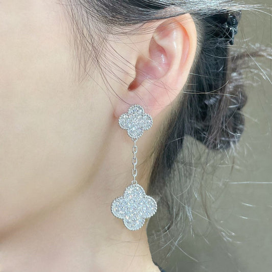 [Gaonasi]CLOVER 2 MOTIFS DIAMOND PAVED SILVER EARRINGS