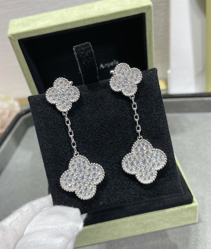 [Gaonasi]CLOVER 2 MOTIFS DIAMOND PAVED SILVER EARRINGS
