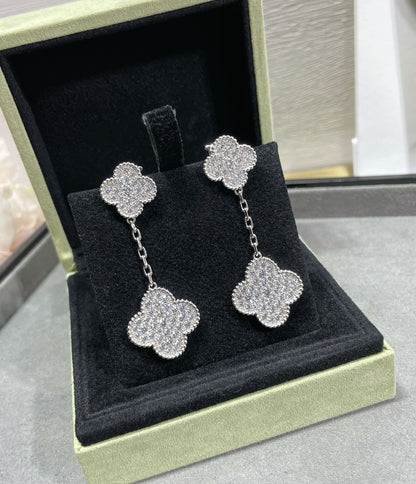 [Gaonasi]CLOVER 2 MOTIFS DIAMOND PAVED SILVER EARRINGS