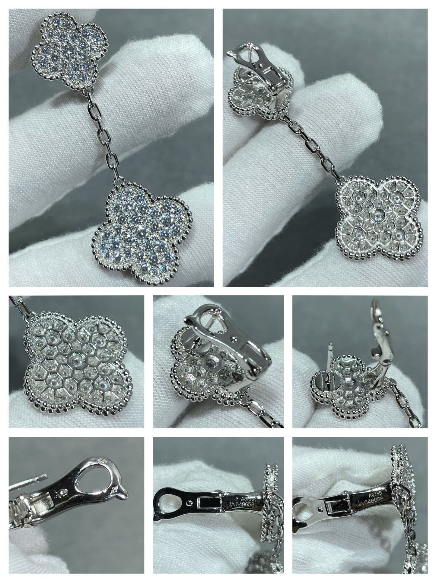 [Gaonasi]CLOVER 2 MOTIFS DIAMOND PAVED SILVER EARRINGS