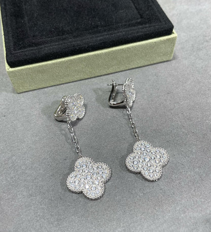 [Gaonasi]CLOVER 2 MOTIFS DIAMOND PAVED SILVER EARRINGS