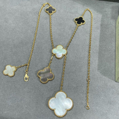 [Gaonasi]CLOVER 6 MOTIF MOP ONYX GOLD NECKLACE