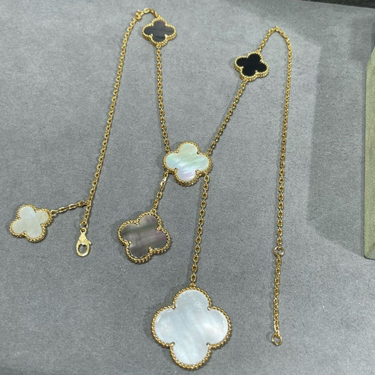 [Gaonasi]CLOVER 6 MOTIF MOP ONYX GOLD NECKLACE