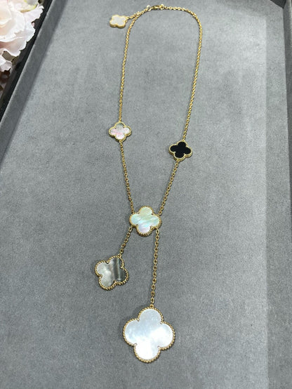 [Gaonasi]CLOVER 6 MOTIF MOP ONYX GOLD NECKLACE