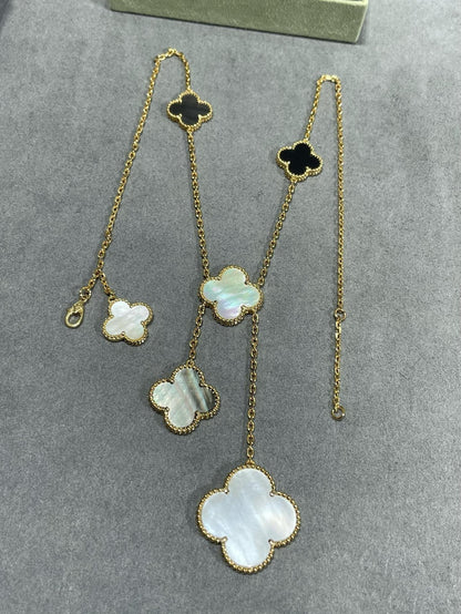 [Gaonasi]CLOVER 6 MOTIF MOP ONYX GOLD NECKLACE