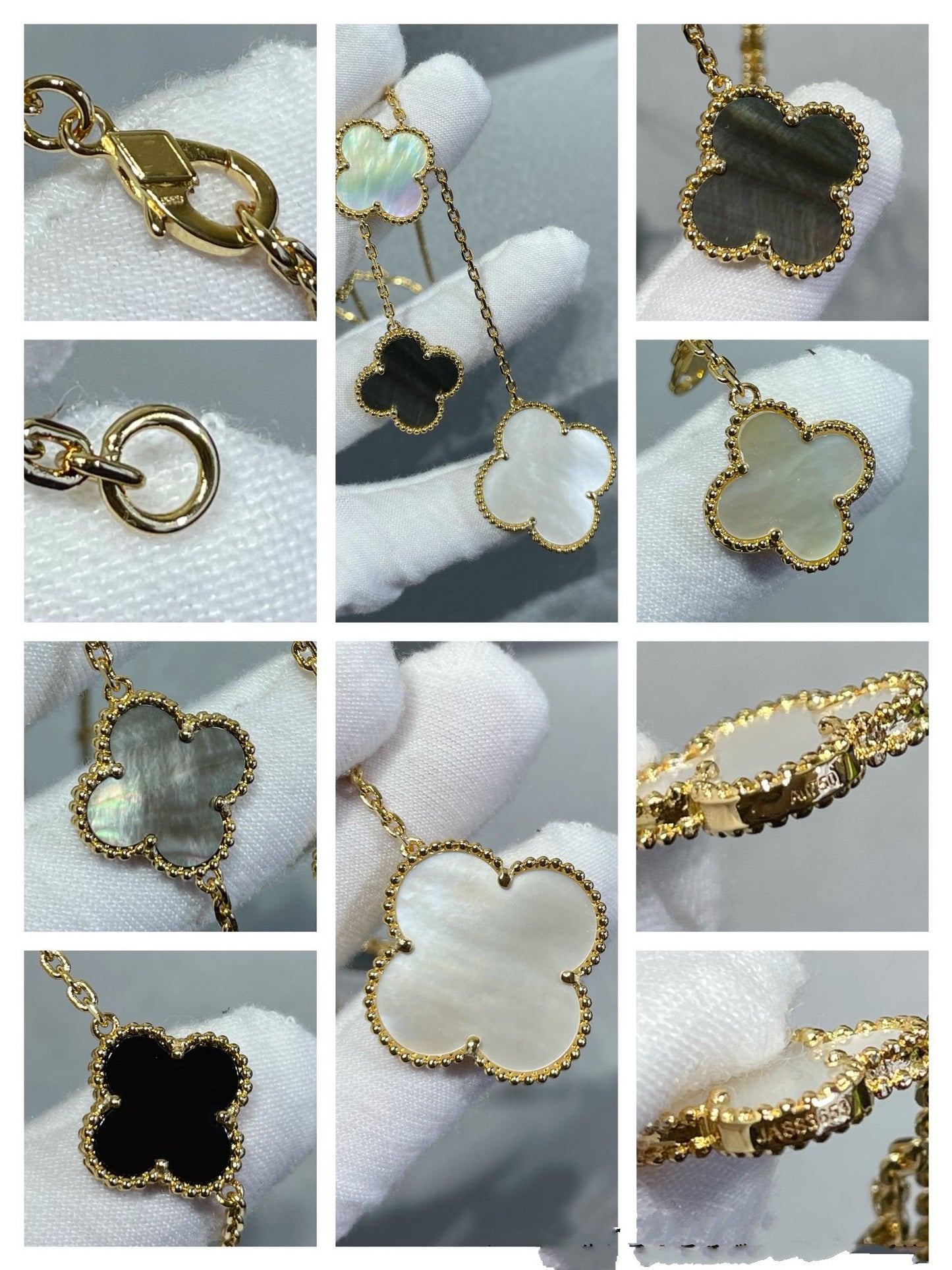[Gaonasi]CLOVER 6 MOTIF MOP ONYX GOLD NECKLACE