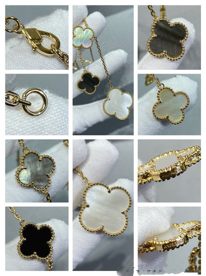 [Gaonasi]CLOVER 6 MOTIF MOP ONYX GOLD NECKLACE