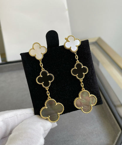[Gaonasi]CLOVER 3 MOTIF MOP ONYX DARK MOP PINK GOLD EARRINGS