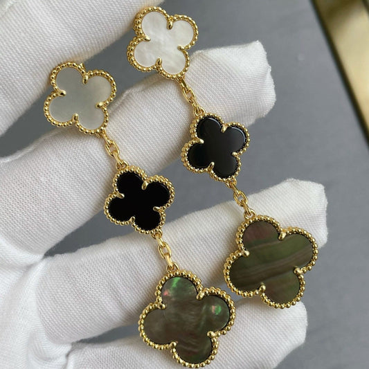 [Gaonasi]CLOVER 3 MOTIF MOP ONYX DARK MOP PINK GOLD EARRINGS