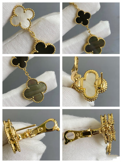 [Gaonasi]CLOVER 3 MOTIF MOP ONYX DARK MOP PINK GOLD EARRINGS