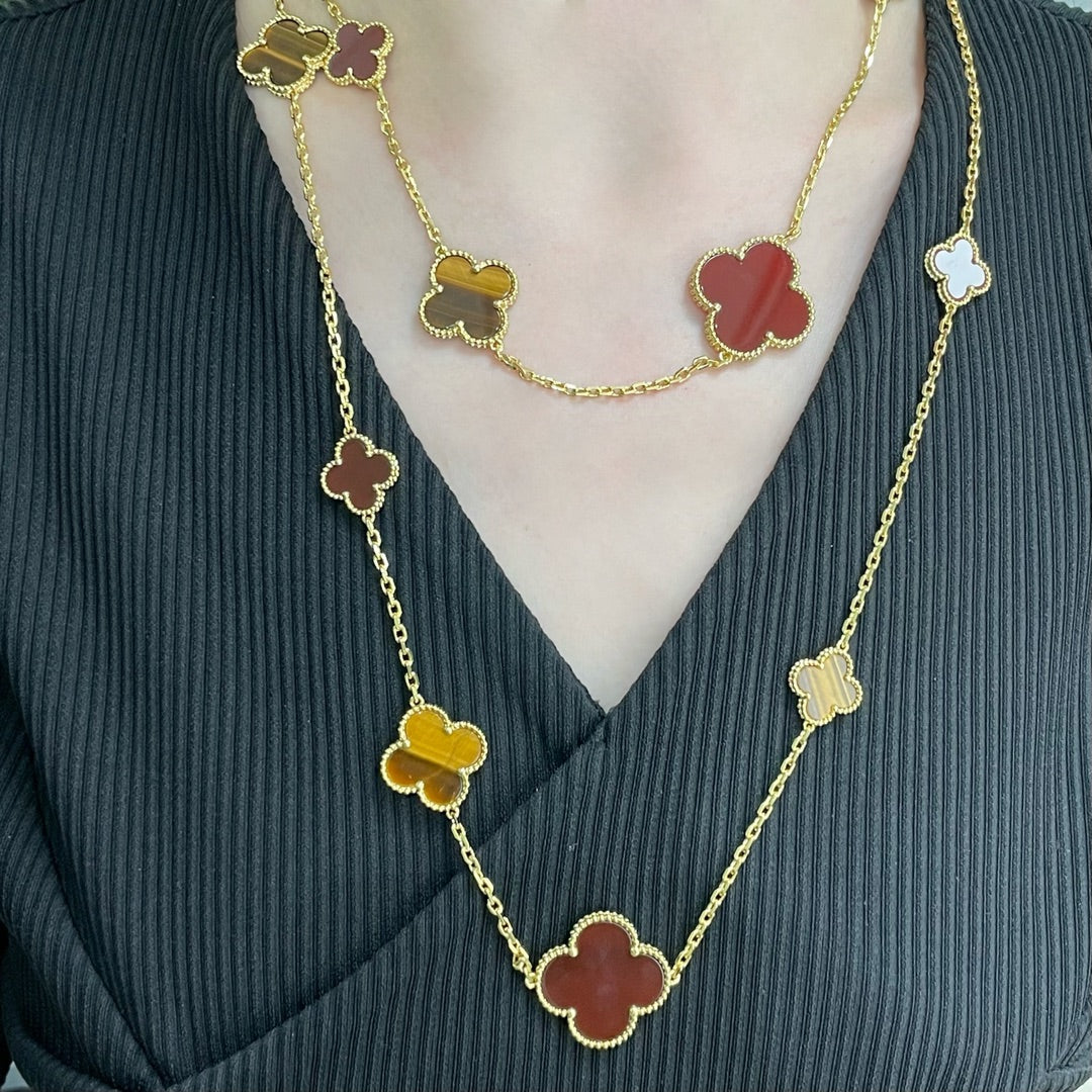 [Gaonasi]CLOVER 16 MOTIF CARNELIAN TIGER EYE ROSE GOLD NECKLACE