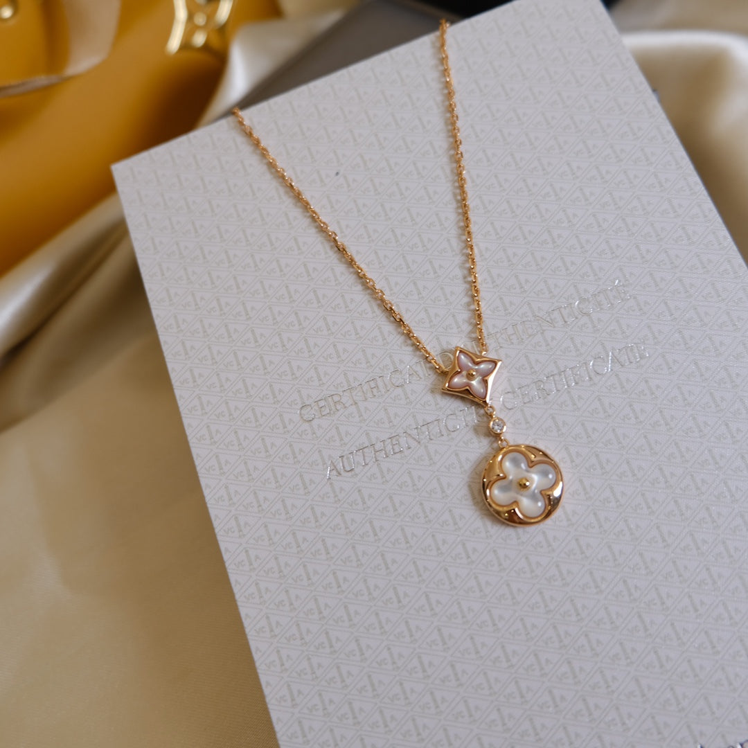 [Gaonasi]STAR AND SUN WHITE MOP 2 MOTIF PINK GOLD NECKLACE