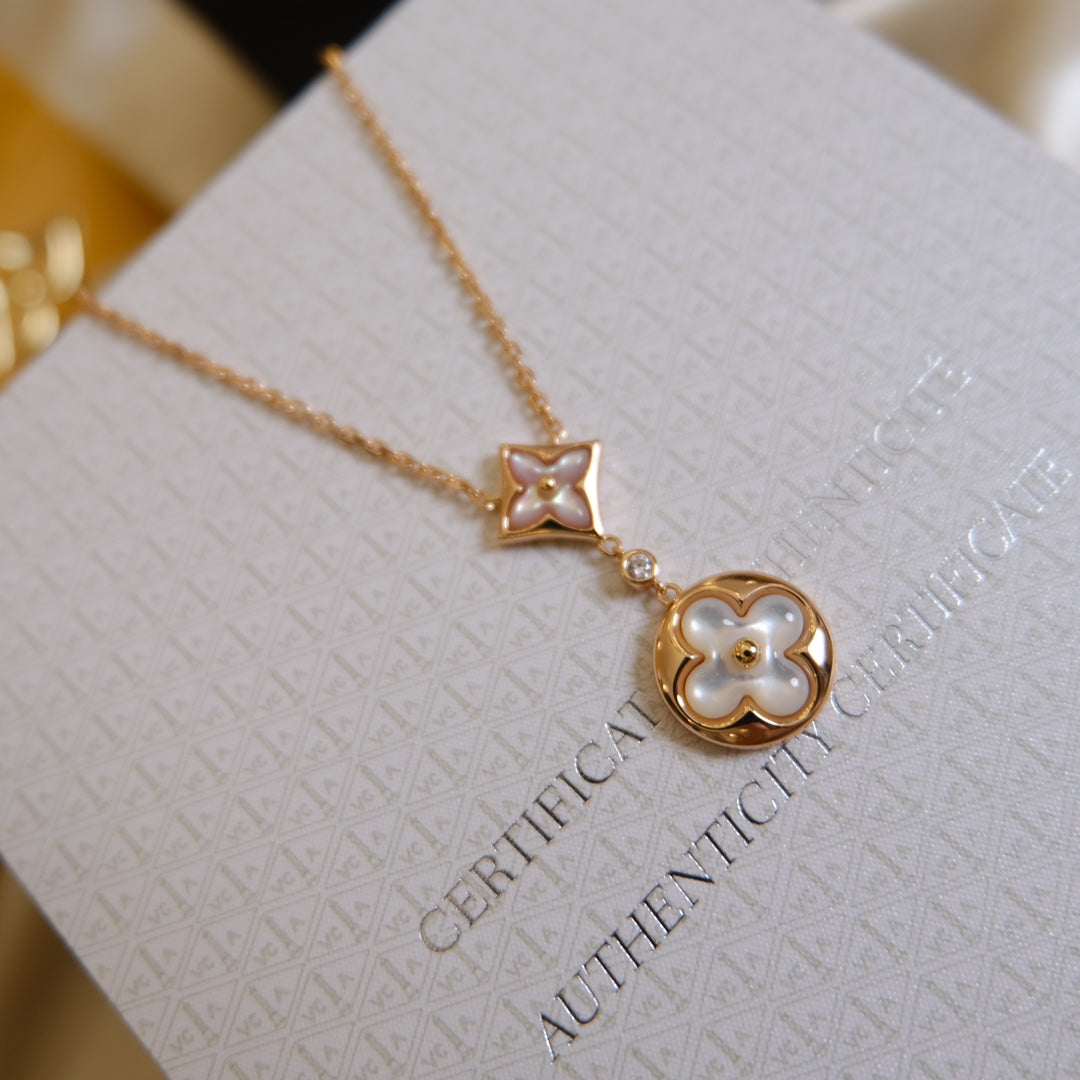 [Gaonasi]STAR AND SUN WHITE MOP 2 MOTIF PINK GOLD NECKLACE