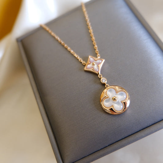 [Gaonasi]STAR AND SUN WHITE MOP 2 MOTIF PINK GOLD NECKLACE