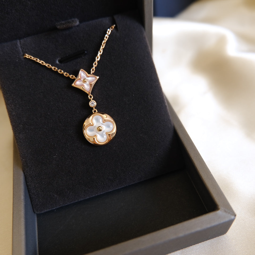 [Gaonasi]STAR AND SUN WHITE MOP 2 MOTIF PINK GOLD NECKLACE