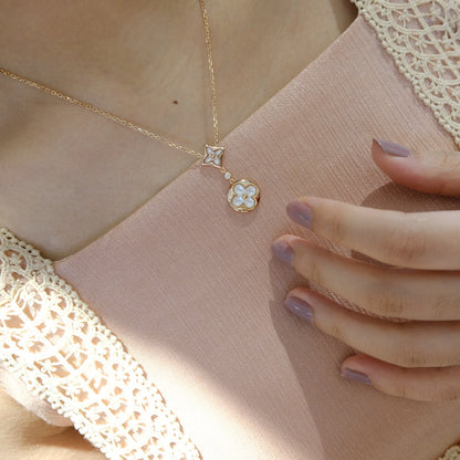 [Gaonasi]STAR AND SUN WHITE MOP 2 MOTIF PINK GOLD NECKLACE
