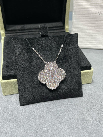 [Gaonasi]CLOVER 25MM LARGE PENDANT DIAMOND PAVED SILVER NECKLACE