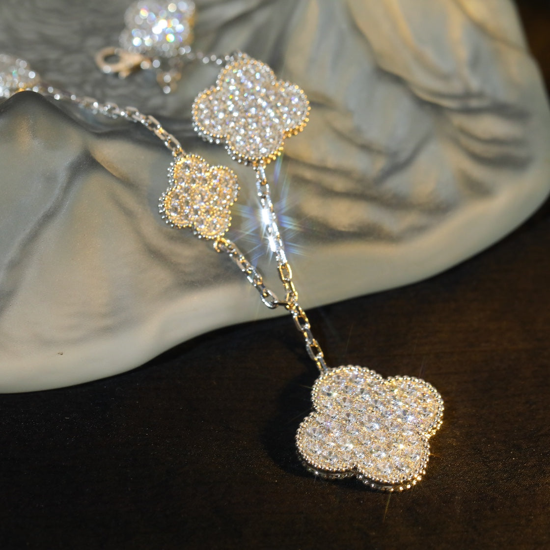[Gaonasi]CLOVER BRACELET 5 MOTIF SILVER DIAMOND PAVED